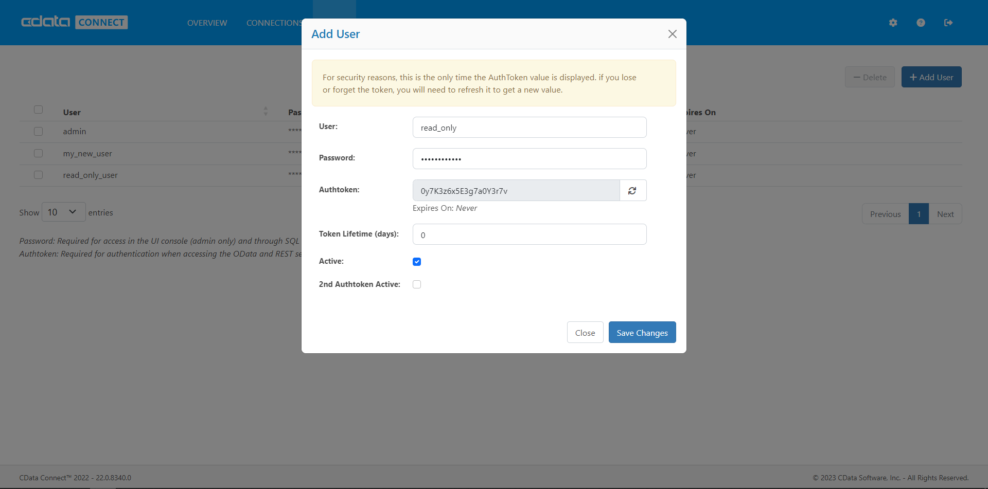 Specifying access privileges for a new user.