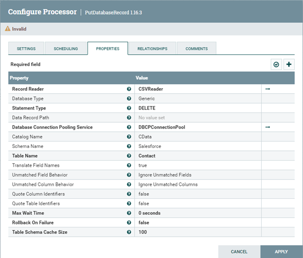 config for PutDatabaseRecord-DELETE