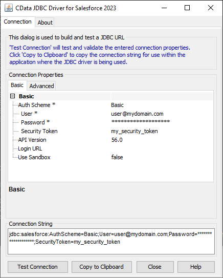 Using the built-in connection string designer to generate a JDBC URL (Salesforce is shown.)