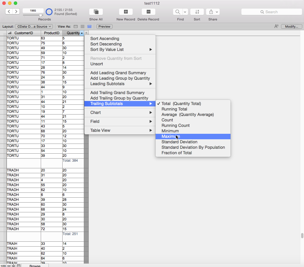 Available data processing options in the Browse view. (OData is shown.)