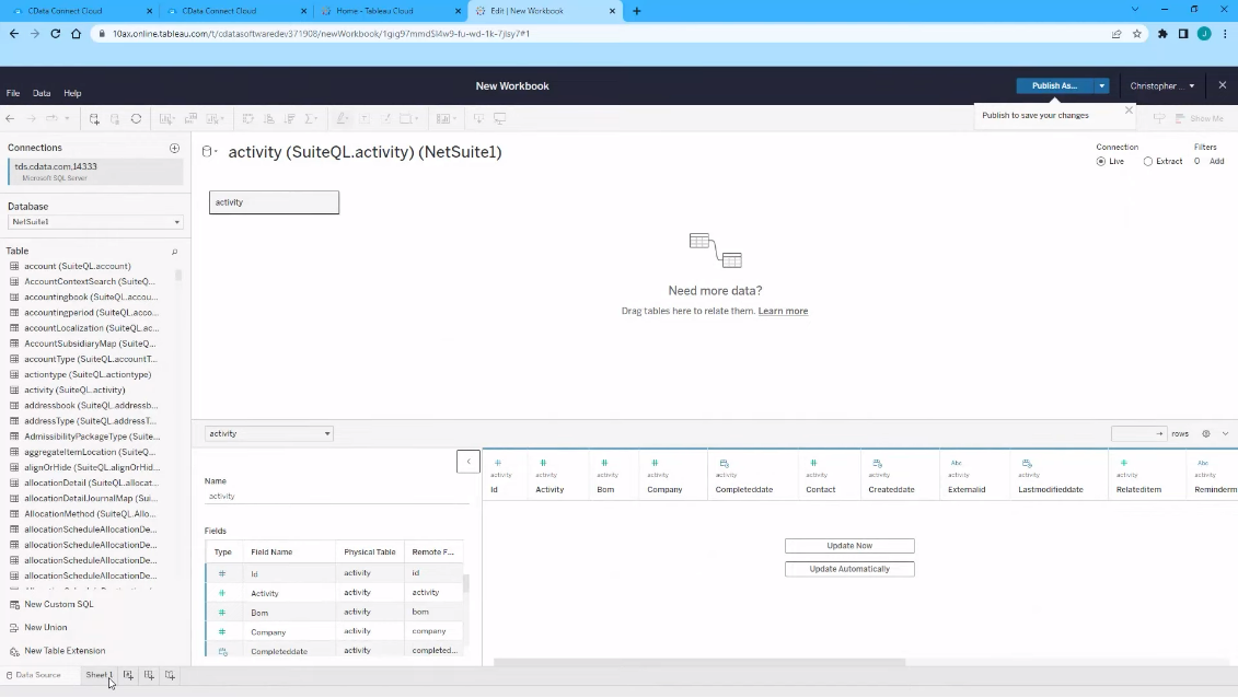 Real-Time Reports with CData Connect Cloud in Tableau