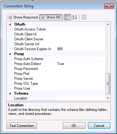 The connection properties for the adapter. (Salesforce is shown.)