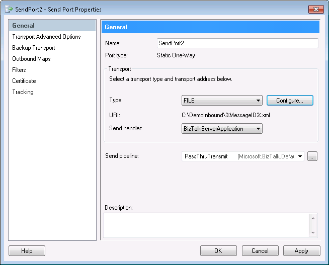The file send port properties dialog.