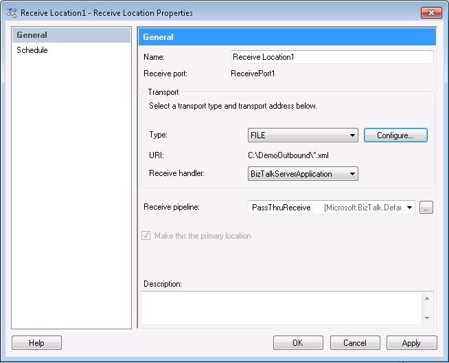 The File Receive Location configured in the Receive Location properties dialog.