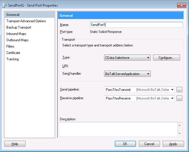The solicit-response send port after it has been configured. (Salesforce is shown.)
