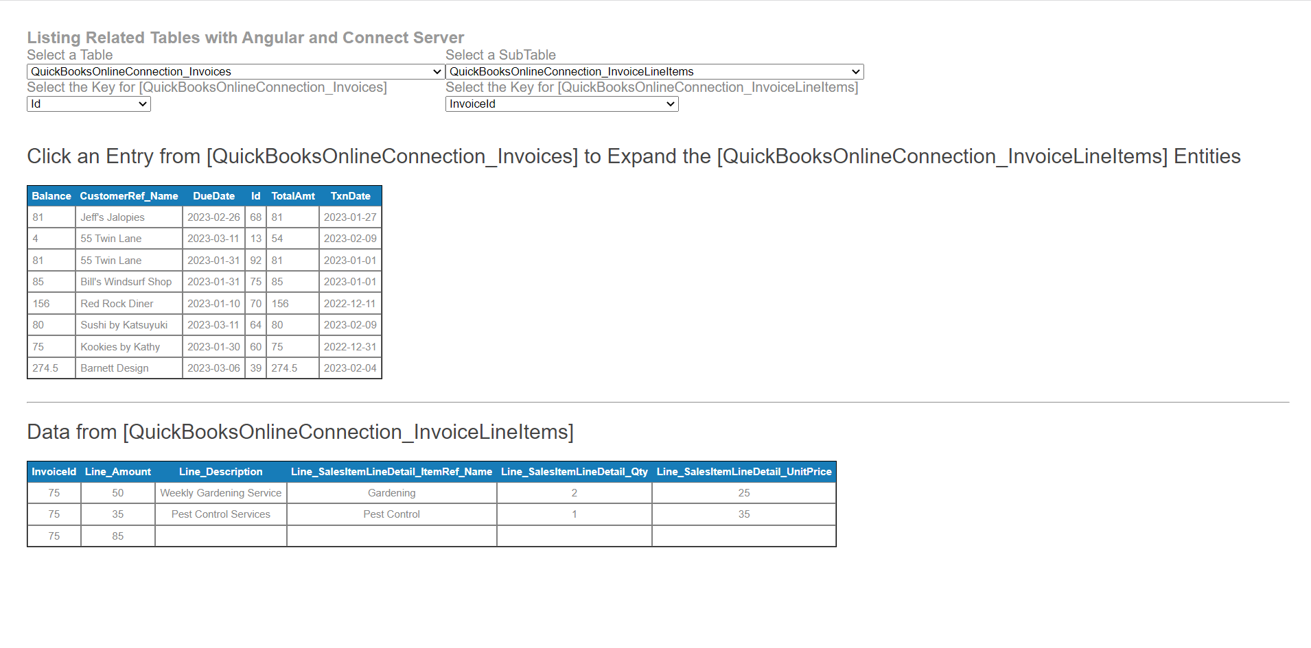 An example of the Web App (QuickBooks Invoices and Invoice Line Items are shown).
