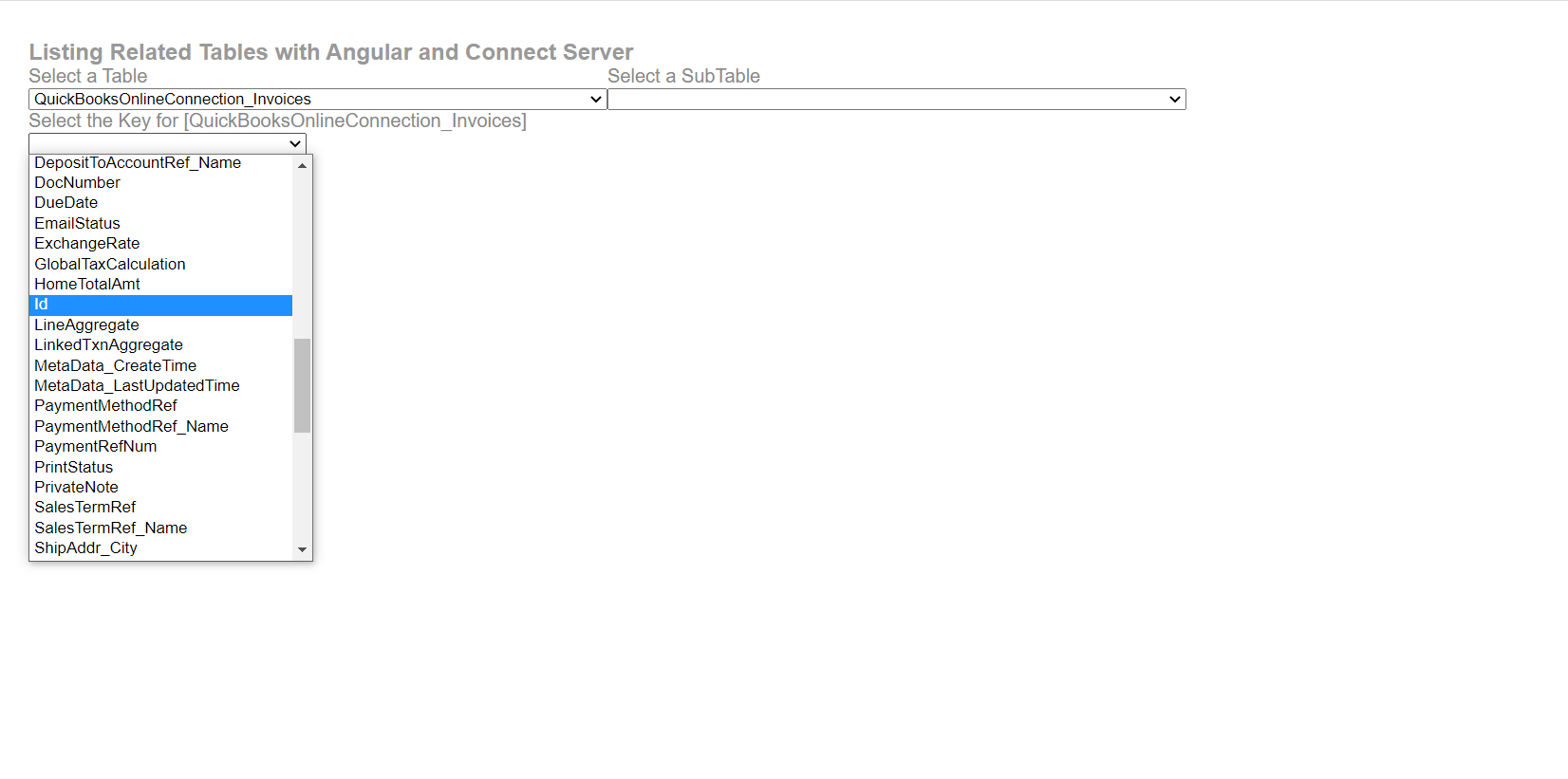 Selecting the key column for the main table.
