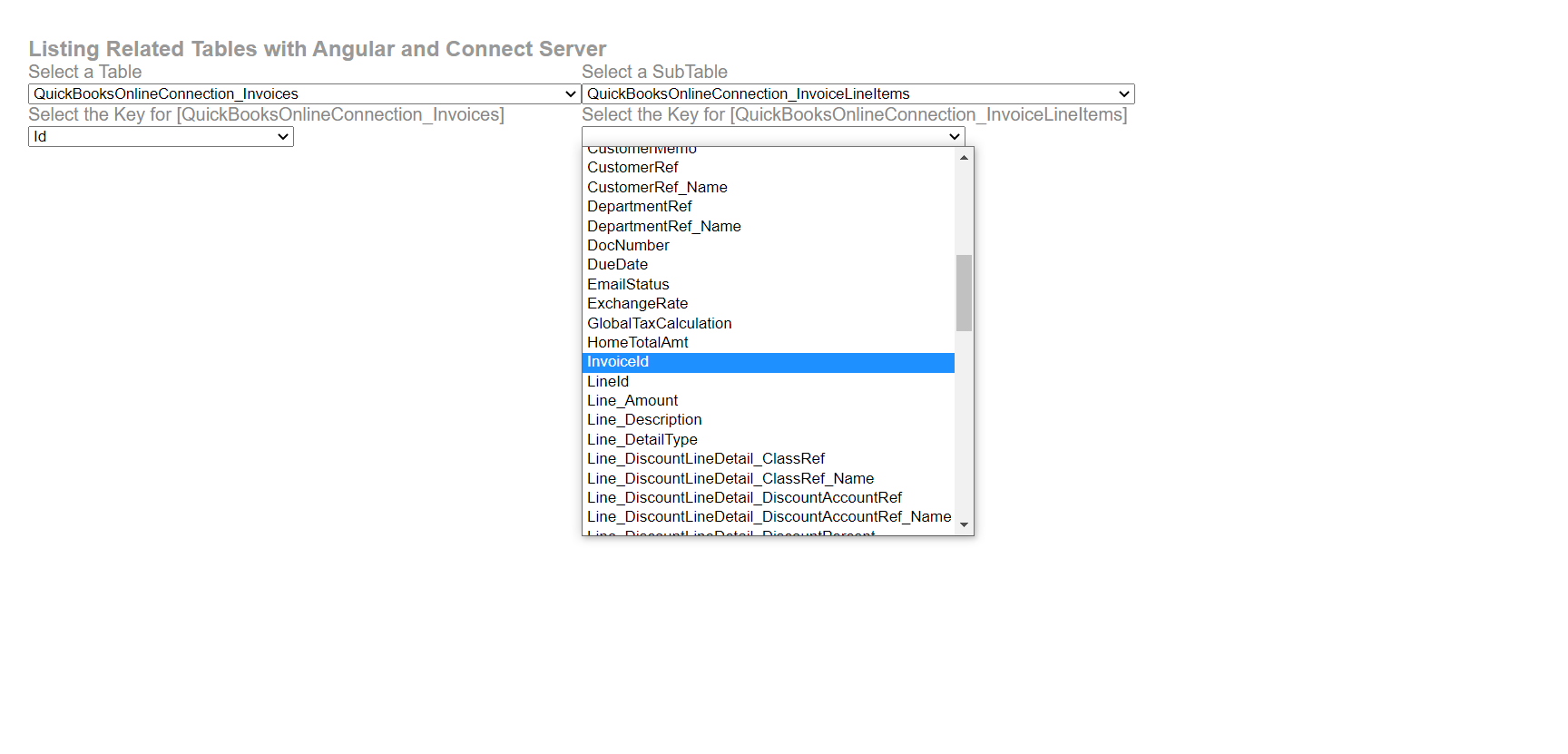 Selecting the key column for the sub table.