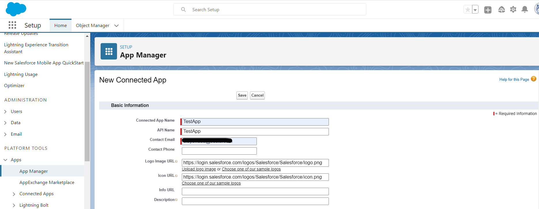 Enter App details in "New Connected App"