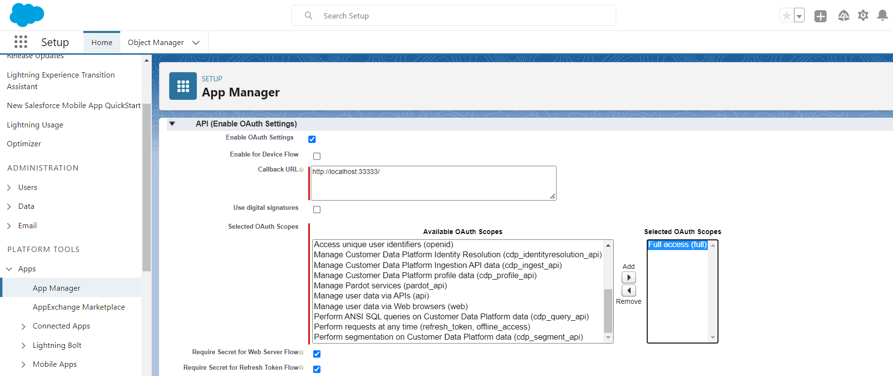 Enter "CallBack URL and enter OAuth scopes