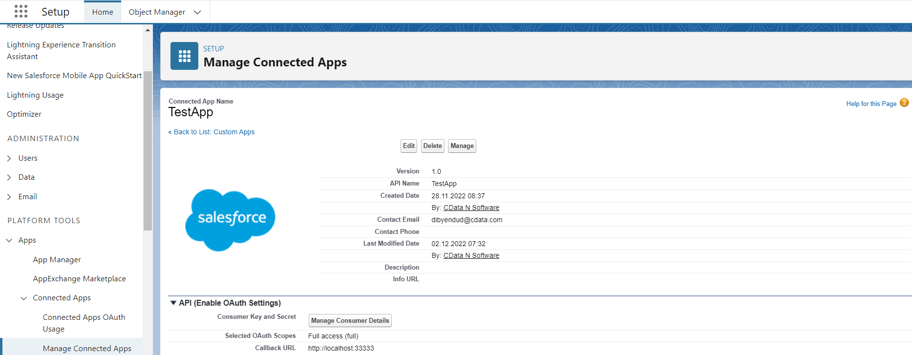 Enter "Manage Consumer Details" under "Manage Connected Apps"