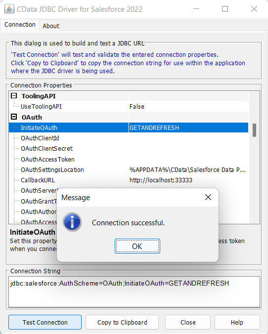 Embedded OAuth connection successful for Salesforce JDBC Driver