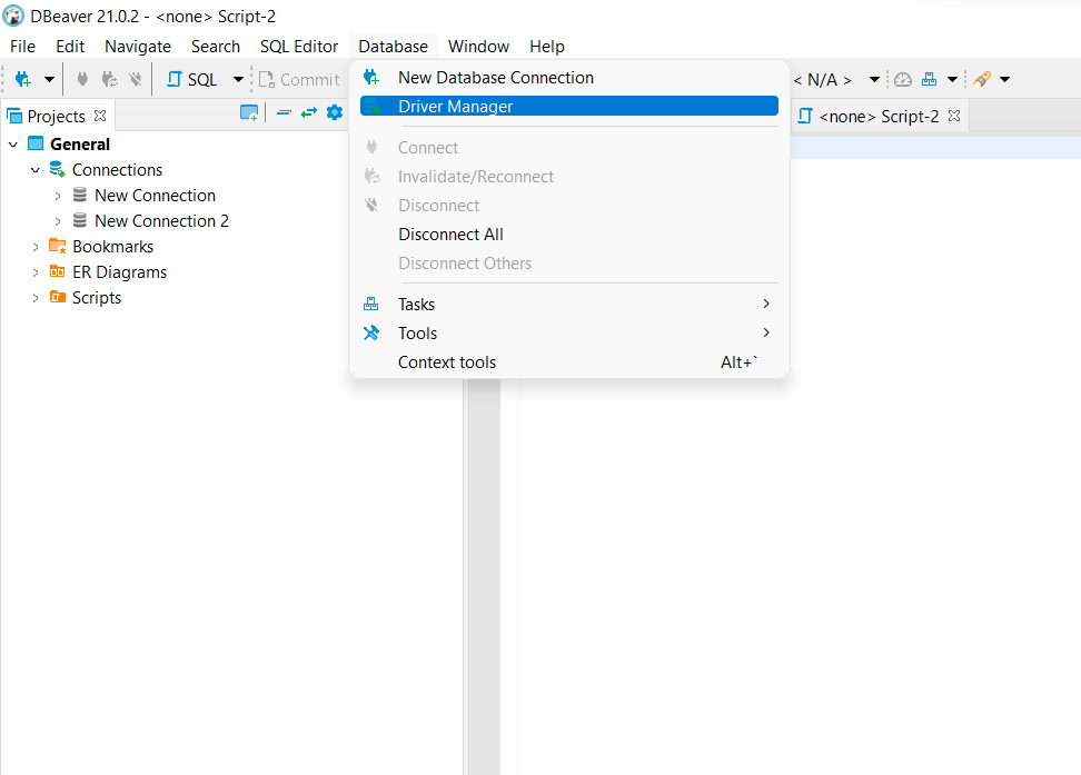 Go to the "Driver Manager" option in the Database dropdown of DBeaver tool