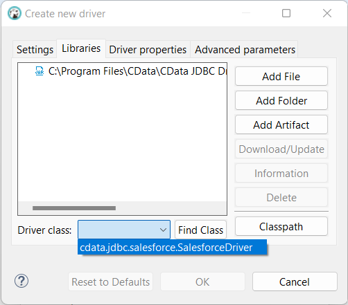 Adding Salesforce JDBC driver under "Libraries" tab in Driver Manager