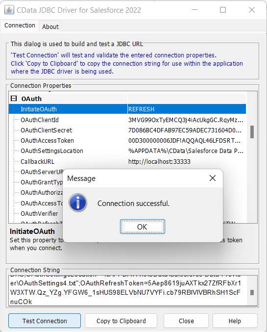 Connection successful to Salesforce Web Application