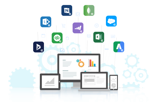 A laptop, tablet, mobile device, desktop monitor and various datasource icons.